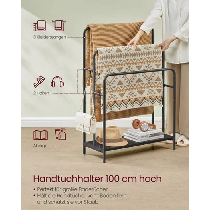 VASAGLE Handtuchhalter, stehend, Handtuchständer 3 Stangen, 70 x 30 x 100 cm, 2 Haken, Ablage, für Decke, Badetücher, tintenschwarz-ebenholzschwarz LLS019B01 – Bild 2
