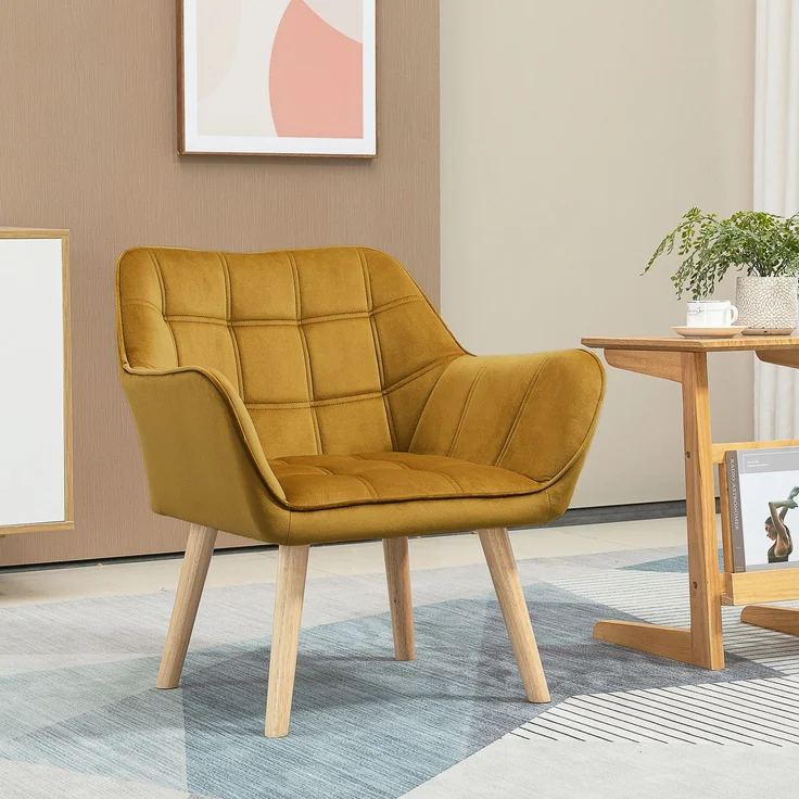 Ohrensessel Einzelsessel Relaxsessel mit Samt, skandinavisch, erhöhte Beine, samtartiges Polyester, Gelb 67x61,5x71 cm--Gelb--67x61.5x71cm--YOUDENOVA – Bild 2