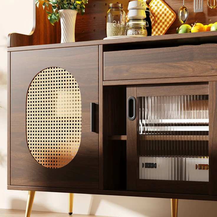 EINHOM Seitenboard / Aufbewahrungsschrank / Küchenschrank / Buffetschrank, 145 x 39 x 171 cm, Landhausstil, 5 Türen, mit LED-Lichtleiste & Ordnungslockplatte, Fluted Glas Türen, Braun/Schwarz, Braun – Bild 6
