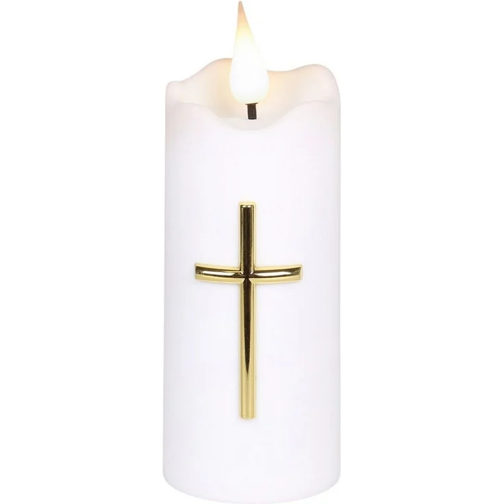 Sarcia. eu LED-Kerze Weiße LED-Kerze mit Kreuz, Flammeneffekt und Batterien, 13 cm – Bild 2