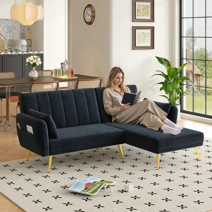 Merax Modernes Klappsofa, L-förmiges Sofa, Schlafsofa mit Zusatzecke, Ecksofa mit Schlaffunktion, Schwarz