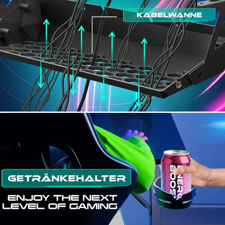 KESSER® Gaming Tisch LED, Z-Form Gamer Schreibtisch, Kopfhörerhaken & Kohlebeschichtung, Ergonomischer PC Computertisch. Stabiler Tisch mit Mauspad & Getränkehalter 100 x 60 cm, Schwarz Carbon – Bild 7