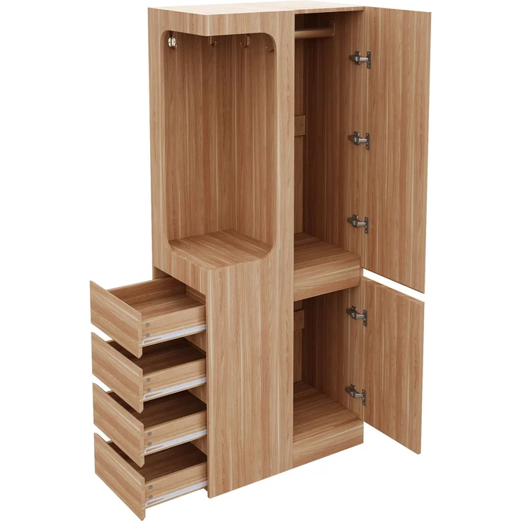 CHICFURN Kleiderschrank 70x170x40 cm mit 4 Schubladen und offenem Hängefach – Weiß/Naturholz – Bild 4