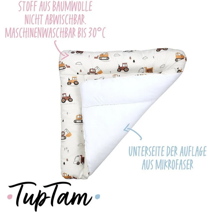 TupTam Baby Wickeltischauflage mit Baumwollbezug Gemustert, Farbe: Baufahrzeuge/Bagger/Beige, Größe: 70x50 cm – Bild 2