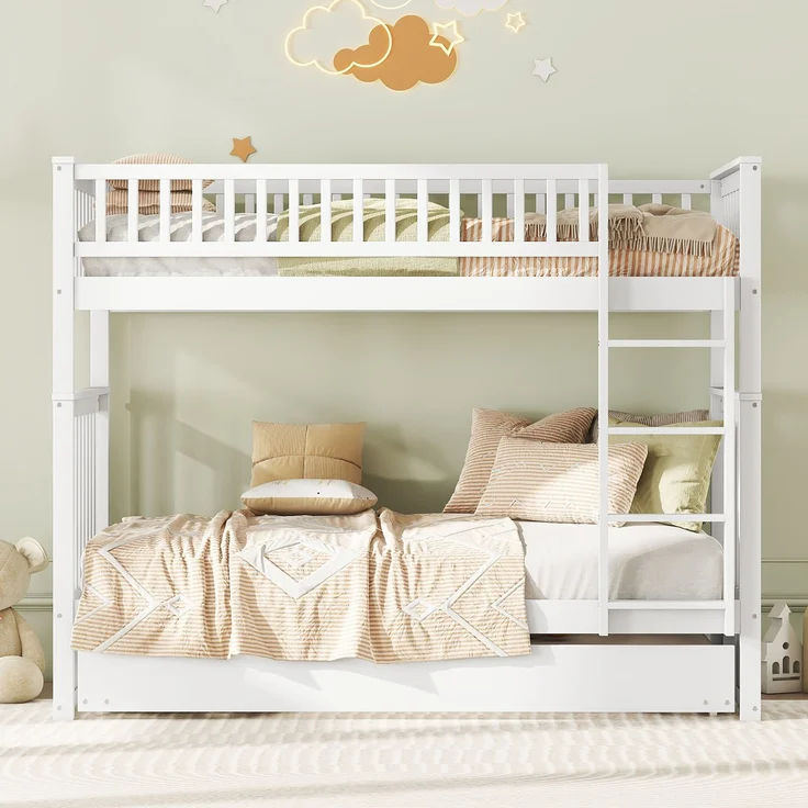 Etagenbett 90x200 cm mit Ausziehbett und Treppe, Kinderbett mit hoher Absturzsicherung,abnehmbares Massivholzbett mit stabilem Rahmen,Weiß – Bild 3