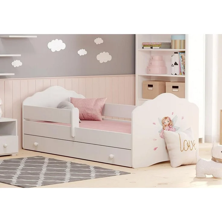 Kids Collective Kinderbett für Mädchen mit Matratze und Schublade & Lattenrost (70x140, 80x160 cm Jugendbett Einzelbett Komplettbett in weiß mit Prinzessin Motiv), Bett für Kinder Bett komplett Set Rausfallschutz Kinderbett 70x140 cm – Bild 1