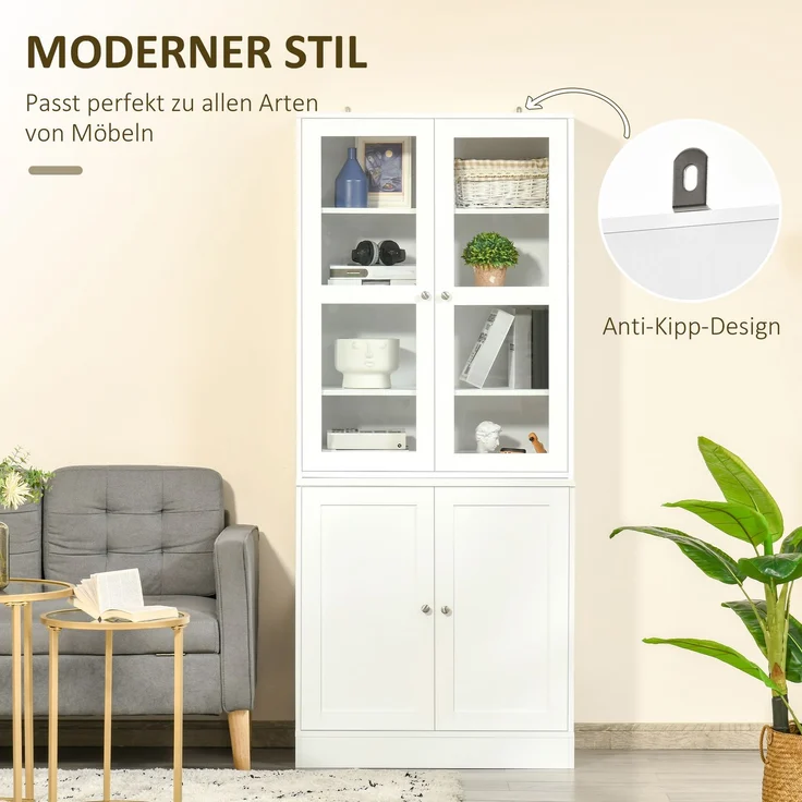 Bücherschrank 178,5 cm Hochschrank Vitrinenschrank mit Glastür 6 Fächern Küchenschrank für Wohnzimmer Küche Weiß--Weiß--76x40x178.5cm--YOUDENOVA – Bild 4