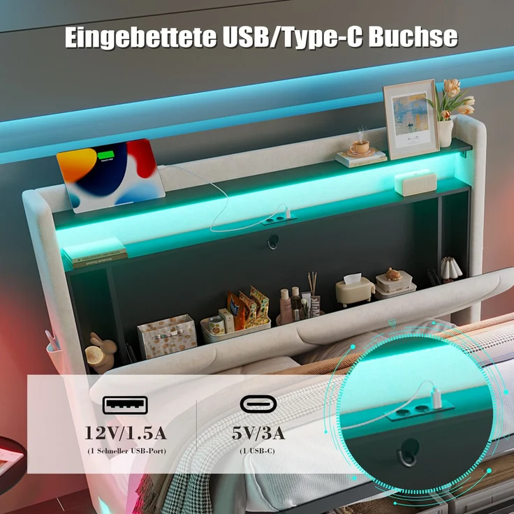 Polsterbett, Samt mit LED & Stauraum, 160x200 cm, Beige, ohne Matratze – Bild 6