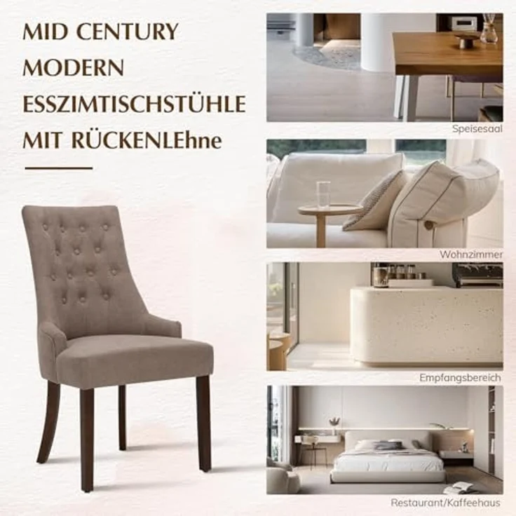 COLAMY Esszimmerstühle 4er Set, Moderne Küchenstuhl Gepolsterte Esszimmerstühle im Wingback, Polsterstuhl Wohnzimmerstuhl mit Knopfsteppung für Esszimmer, Küche, Restaurant mit Holzbeinen, Taupe – Bild 3