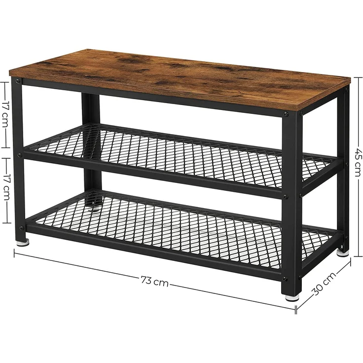 Vasagle Wandgarderobe, Schuhbank, Wandregal mit Ablage und 10 Haken, Schuhregal mit 3 Ebenen, Aufbewahrung, Metallgestell, für Flur, Eingangsbereich, Industrie-Design, vintagebraun-schwarz – Bild 3