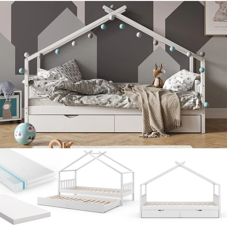Hausbett Design Weiß 90x200 cm mit Gästebett und 2 Matratzen Vitalispa – Bild 2
