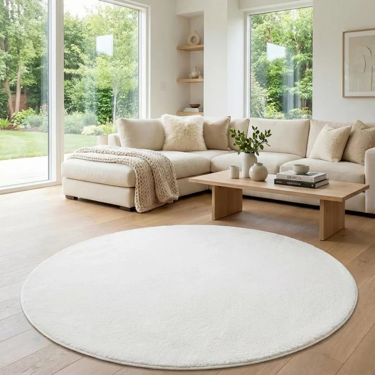 Jimri Flauschiger Teppich Läufer - Hochwertiger Kurzflor für Zuhause, Büro, Küche, Eingang, Flur, Wohnzimmer - Maschinenwaschbar - Rutschfester Teppich Waschbar - 160 cm Rund - Cream_Weiß