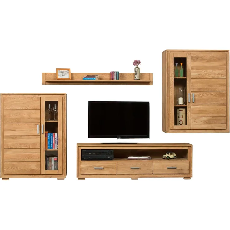 Woodline Wohnzimmerschrank Wildeiche massiv geölt, 4-teilig, Basel Set IV Natur 112x40x139 cm