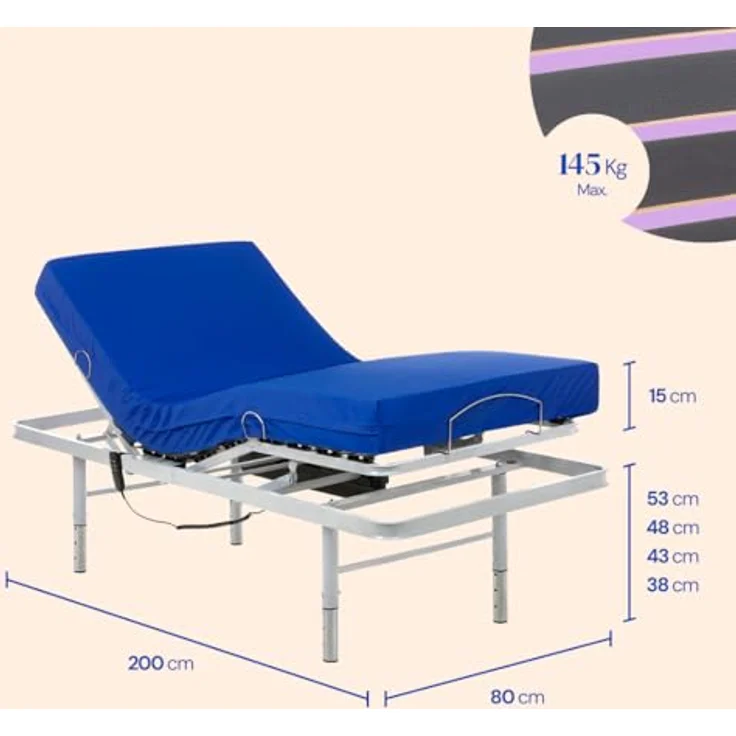 Geriafy - Elektrisch verstellbares Bett mit höhenverstellbaren Beinen und viskoelastischer Professional V3 Matratze 80x200 cm | Wasserdichter Bezug | Komfort Bett – Bild 2