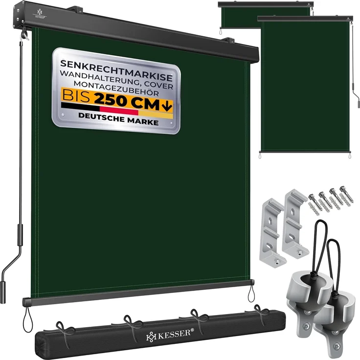 KESSER® Senkrechtmarkise Außenrollo Handkurbelmechanismus Balkonrollo Sonnen-und Sichtschutz, Beschattung Sonnenschutz Außen Rollo mit Kurbel Markisenkasten, Balkon und Terrasse 140x250 cm, Dunkelgrün