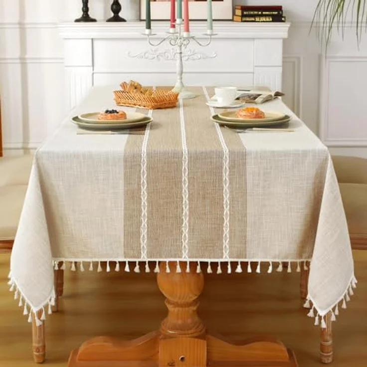 Laolitou Rustikale Tischdecke, Baumwollleinen, wasserdicht, Jute-Tischdecken für Küche, Esszimmer, Tischdecke für rechteckige Tische, Kaffee-Linien, rechteckig, 140x178 cm, 4–6 Sitze – Bild 2