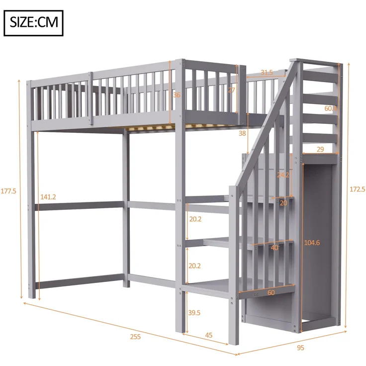 Hochbett 90x200 mit Treppe, Kinderbett aus Holz mit Aufbewahrungsregal, einfacher Kleiderschrank Grau – Bild 9