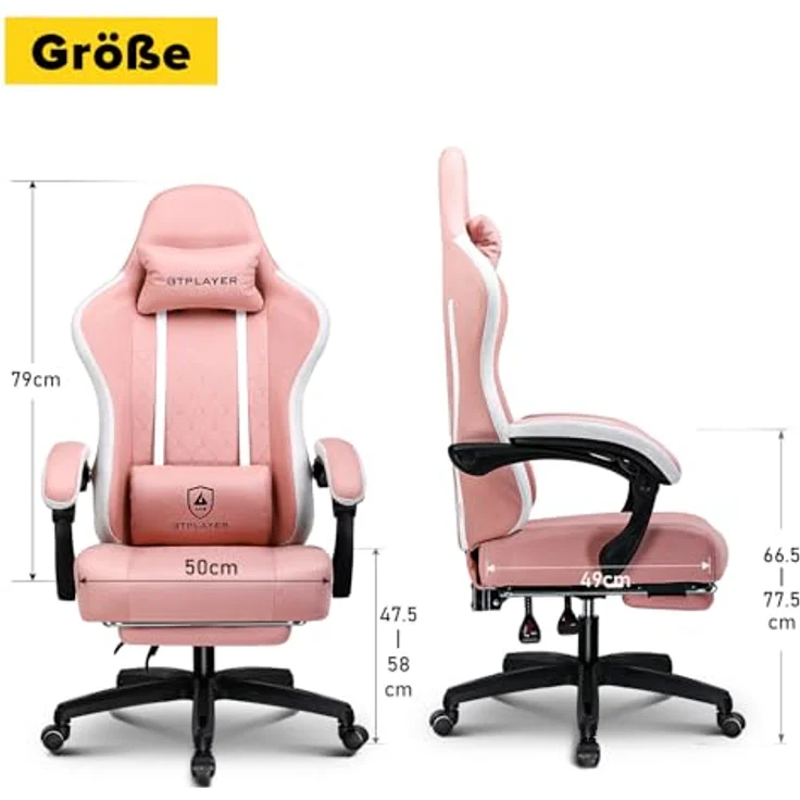 GTPLAYER Gaming Stuhl Ergonomischer Gaming Sessel Schreibtischstuhl mit Stoffoberfläche, Federsitzkissen, Verbindungsarmlehnen und Fußstütze ROSA – Bild 3