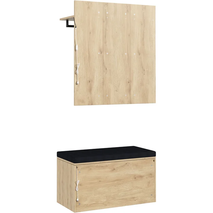 Schuhbank Wandgarderobe Set, Eingangsgarderobe, Sitzbank, mit Garderobe und Schuhbank (2-St), mit 2 LED-Beleuchtung, 1 Kissen, 1 Kleiderstange, 90 x 47 x 145 cm, anthrazit-eiche--Holz--90x47x145cm--YOUDENOVA – Bild 9