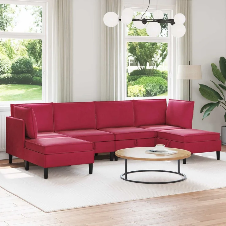 vidaXL Wohnzimmergarnitur mit Kissen mit Speicher 6 pcs Weinrot Samt 3413752 – Bild 1