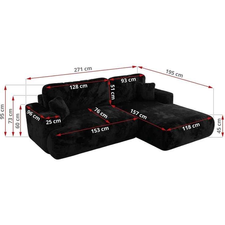Ecksofa OVO mit schlaffunktion und bettkasten, Wellenfeder, lose Kissen, L-form 271x195 cm - Schwarz Plüsch - rechte Seite – Bild 6