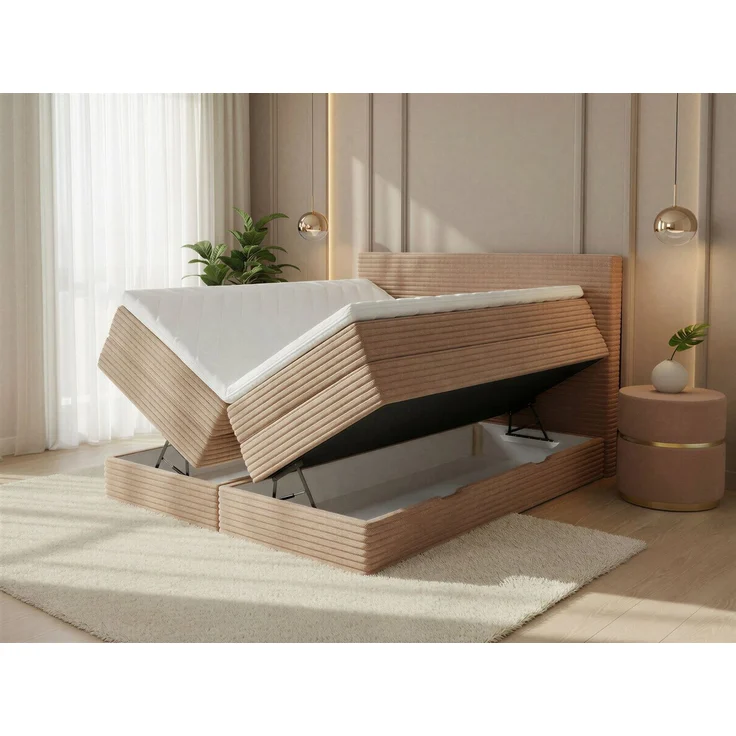 Boxspringbett Mollo XL mit 2 Bettkästen und Topper, mit Taschenfederkern- und Bonellfederkernmatratze, Doppelbett, Polsterbett aus Cordstoff mit Stauraum (Grau (Tilia 86), 160 x 200 cm) – Bild 3