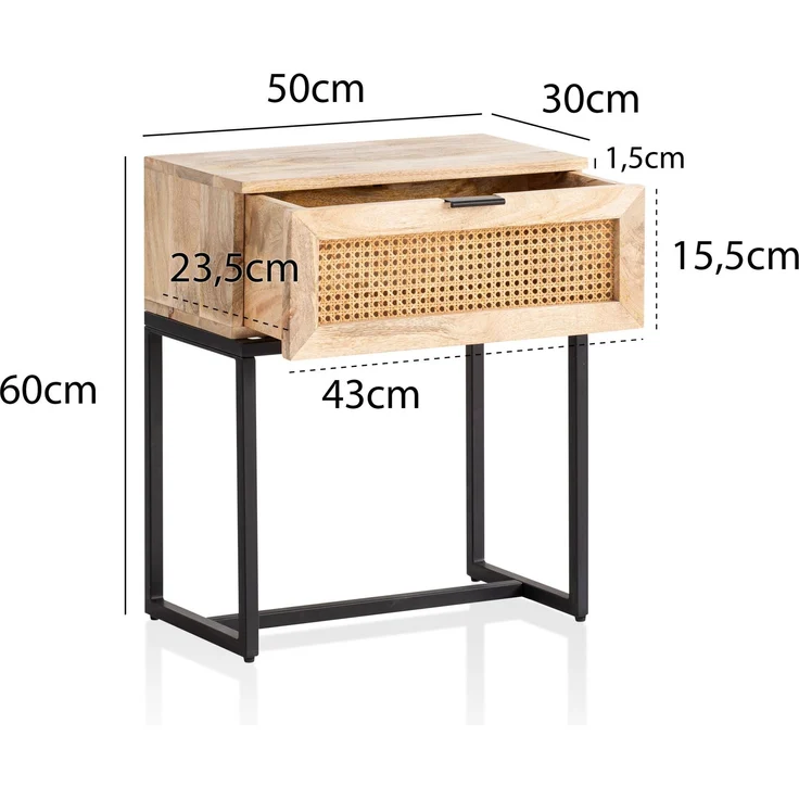 FineBuy Nachtkonsole Mango Massivholz mit Rattan & Metallgestell – Nachttisch im Boho & Natur Design mit Schublade, Nachtkästchen mit Wiener Geflecht für Boxspringbetten – 50x60x30 cm – Bild 3