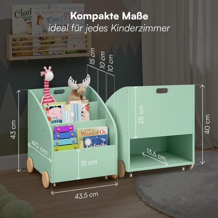 Bellabino 'Towy' Kinderbücherregal, grün, 43x40x43 cm, Holz, Spielzeugregal mit 3 Ablagefächern und Geheimfach – Bild 7