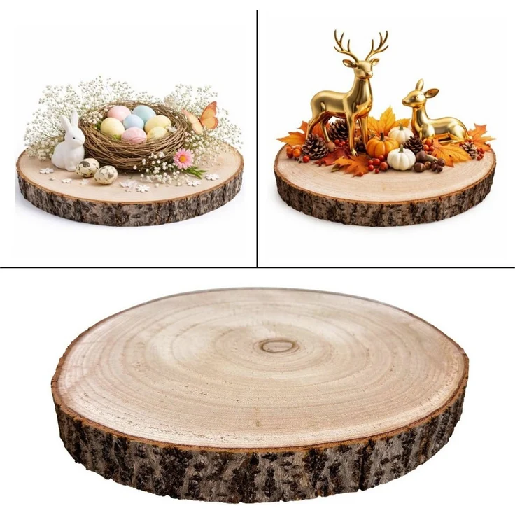 Online-Fuchs Dekotablett - Holzscheibe rund, Baumscheiben Tisch Deko natur - 30 cm Durchmesser (Paulownia Holz, ideal für saisonale Arrangements), natürliche Maserung mit einem rustikalem Rindenrand – Bild 1