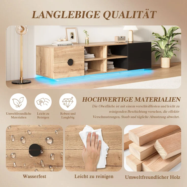 Fernsehtisch, Holzwerkstoff mit LED & Schublade, 180x38,5x47 cm, Schwarz/Natur – Bild 6