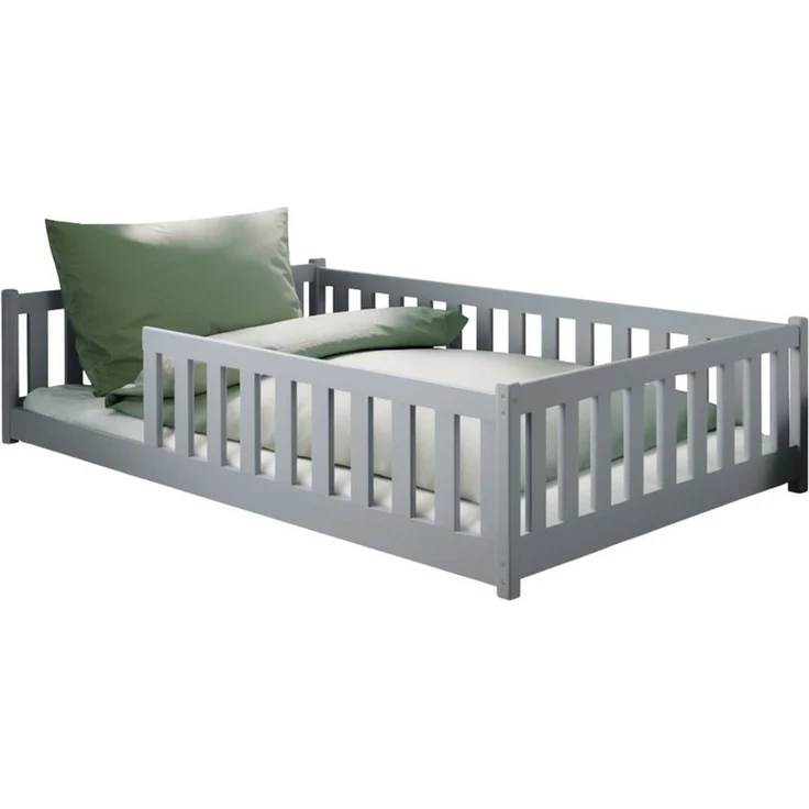 Kids Collective Kinderbett Bodenbett Bett mit Rausfallschutz & Lattenrost Montessori Bett Kinder (Jungen, Mädchen, Kinder, weitere Größen 80x160, 80x180, 90x190, 90x200, 140x200 cm), Jugendbett Einzelbett Aschgrau Kiefer 120x200 cm – Bild 2