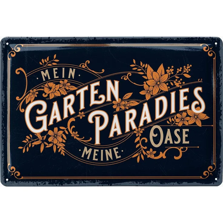 LANOLU Blechschild Garten Paradies / Oase - 20x30cm – Metall – Marineblau – 20135