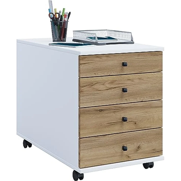 MID.YOU Rollcontainer, Weiß und Honigeiche, Kunststoff, 4 Schubladen, 42x57x50 cm, Arbeitszimmer – Bild 3