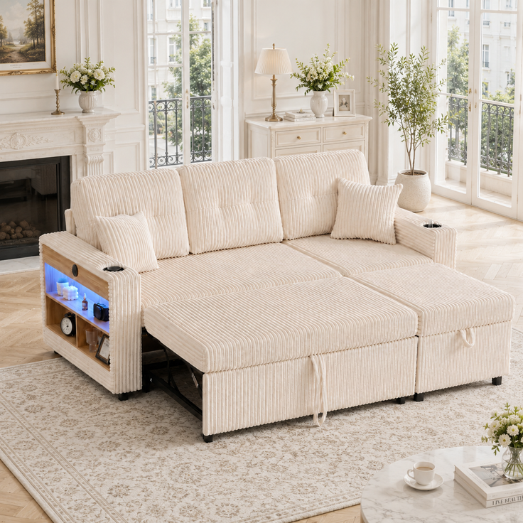 ZUBALIYA Sofa 144x85 cm, mit LED - Beleuchtung, mit USB - Anschluss, mit Stauraum, mit Ablageflächen, mit Ausziehbett – Bild 14