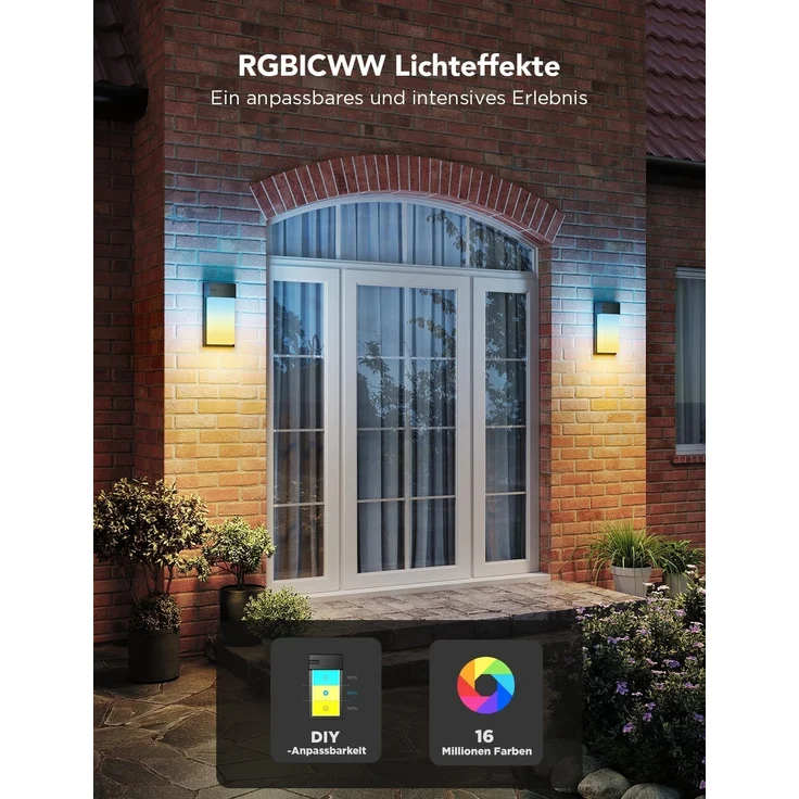 Govee Outdoor Wandleuchte RGBIC, 1500LM Smart LED Wandleuchte Aussen mit 45 Scene Modes, IP65 Wasserdicht für Wandlampe, DIY Wandleuchte, Funktioniert mit Alexa, Google Assistant und Matter, 2 Stück – Bild 2