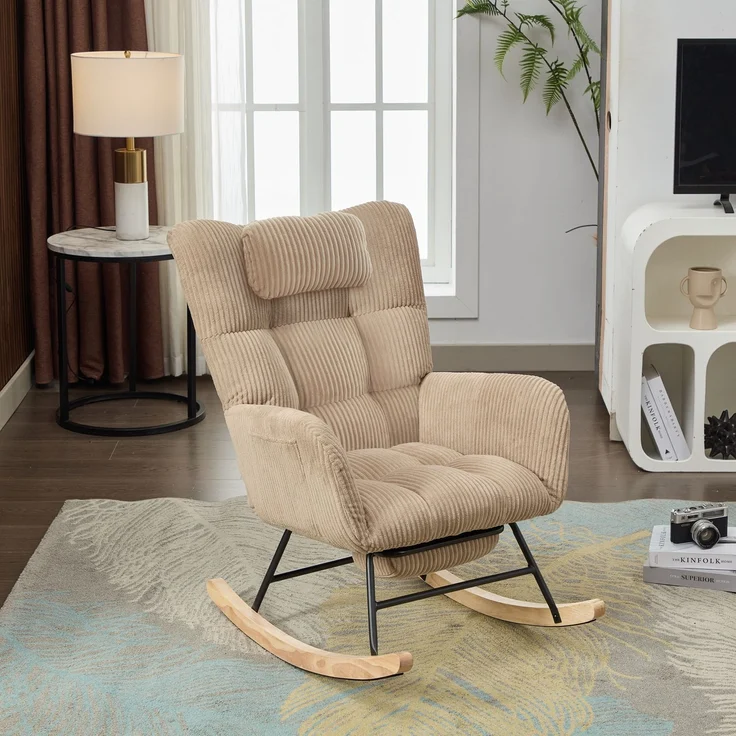 Schaukelstuhl aus Cordstoff in Braun mit hoher Rückenlehne, Beinstütze, Seitentasche, Relax Sessel für Wohnzimmer & Babyzimmer – Bild 5