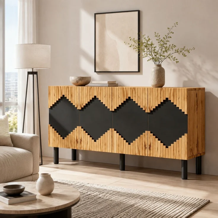 DESVIAE Sideboard Natur/Schwarz aus MDF/Spanplatte – 140x70x40 cm – 2 Türen, Push-Open – Bild 1