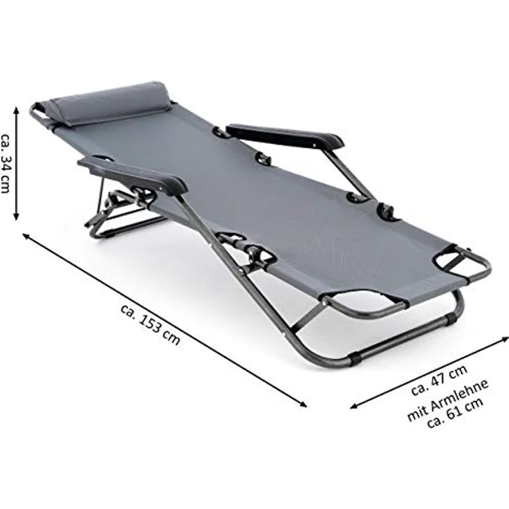 Nexos Liegestuhl Campingstuhl mit Liegefunktion Sonnenliege mit Kopfpolster Strandliege klappbar für Camping Freizeit Garten Strand grau Tragfähigkeit bis 100kg (Grau) – Bild 6