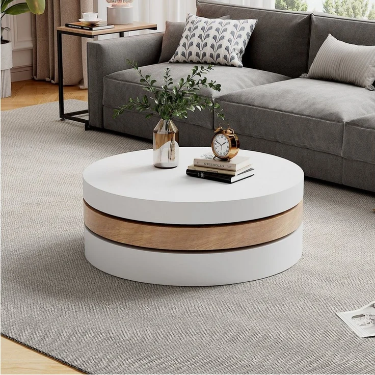 BBWL Couchtisch 360° mit Stauraum, 3 Ebenen, ausziehbarer Tischplatte, MDF, Drehbarer Couchtisch, moderner Wohnzimmertisch Weiß/Natur – Bild 4