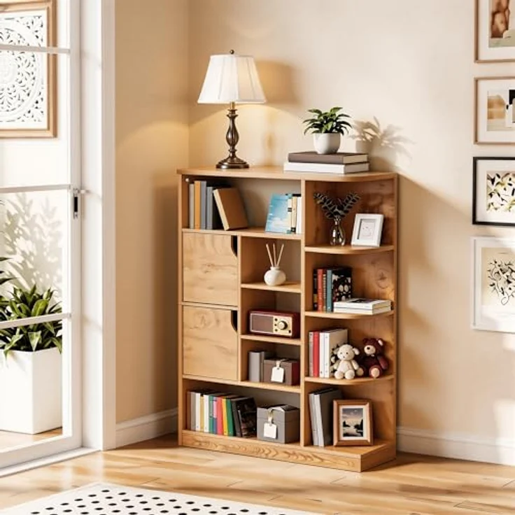 YITAHOME Freistehendes Bücherregal mit 9 offenen Regalböden und 2 Türen (Stoffbezug) für Wohnzimmer, Schlafzimmer, Büro, Eichenfarbe, 80 × 24 × 120 cm (B × T × H) – Bild 4