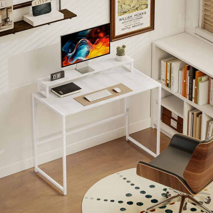 MELAYR, Schreibtisch Klappbar Computertisch mit Monitorhalterung für Arbeitszimmer 100 x 48 x 87.5, Weiß – Bild 4