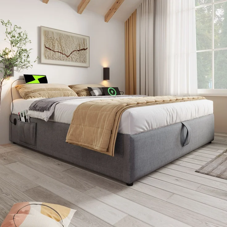 Polsterbett Einzelbett 140×200 cm,Tagesbett mit Stauraum, USB & Type-C Ladeanschlüssen, Leinenbezug,in Grau – Bild 4