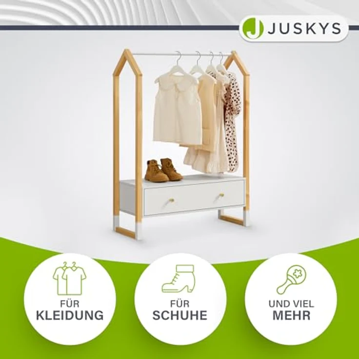 Juskys Kinder Kleiderständer Filla - große Schublade, Kleiderstange, offener Ständer - Kindergarderobe aus Holz - Mädchen & Jungs - Garderobe Weiß – Bild 7