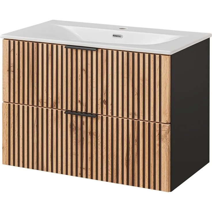 Badezimmer Set mit Waschtisch 81 cm, Hochschrank, LED Spiegel XANTEN-56 in anthrazit mit Eiche Nb. schwarz gerillt, B/H/T: ca. 130/200/46 cm – Bild 3