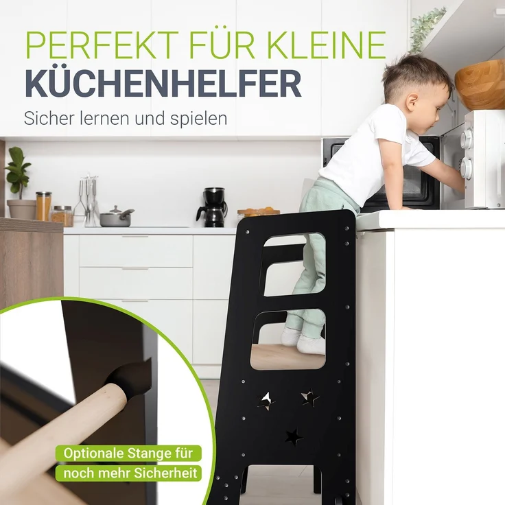 Juskys 'Henny' Lernturm - für Kinder ab 1 Jahr, Stehhilfe, 3-fach höhenverstellbar, Umkippschutz, Küchenhelfer, Schwarz – Bild 5