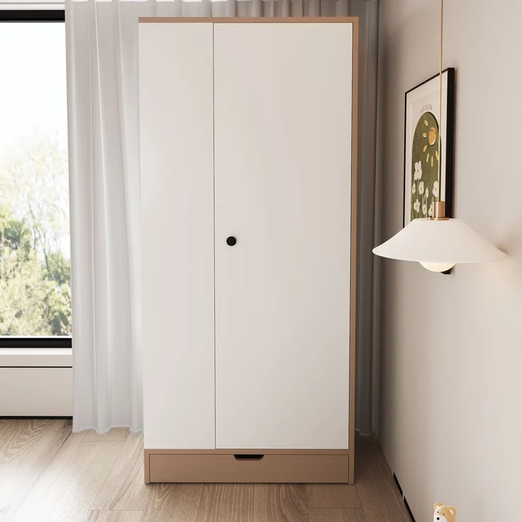 Merax Kleiderschrank 70*40*170cm, Eintürige Ausführung, mit Einlegeböden und Schubladen, Naturholzfarbe + Weiß – Bild 3