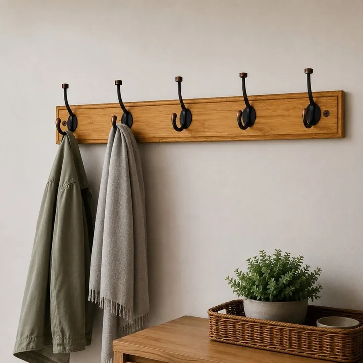 HOOZ Garderobenleiste Bambus – Wandgarderobe mit Metallhaken Natur, 5 Designhaken 85 cm (Einzelartikel, 1 Wandhakenleiste), FSC-zertifizierter Bambus, Garderobenleiste mit Metallhaken