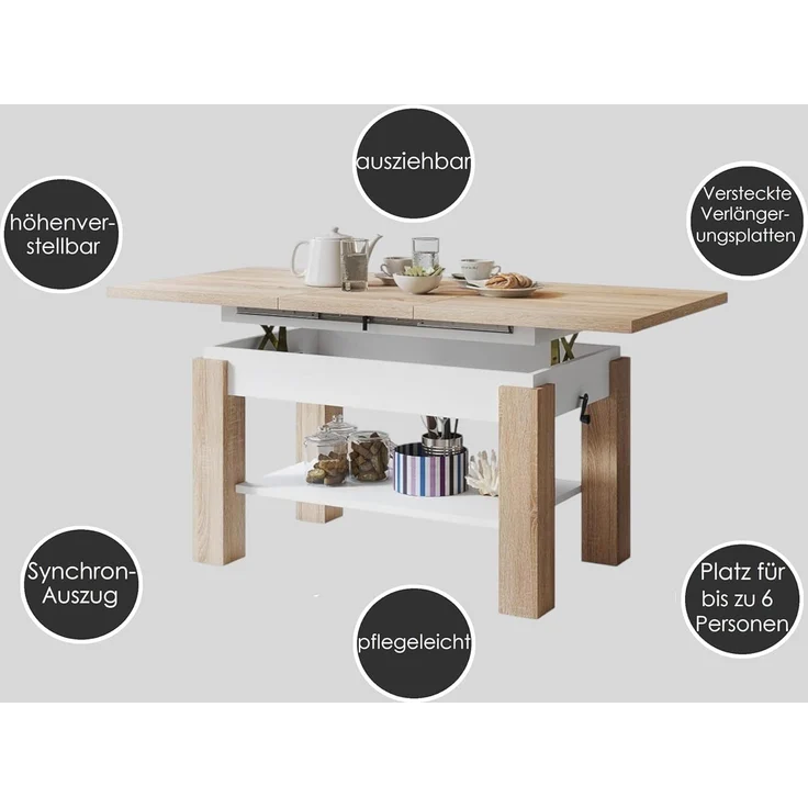 designimpex Couchtisch Couchtisch Astoria Weiß Hochglanz höhenverstellbar ausziehbar Esstisch, Funktionstisch, Wohnzimmertisch, Tisch, Esstisch, Sofatisch – Bild 5