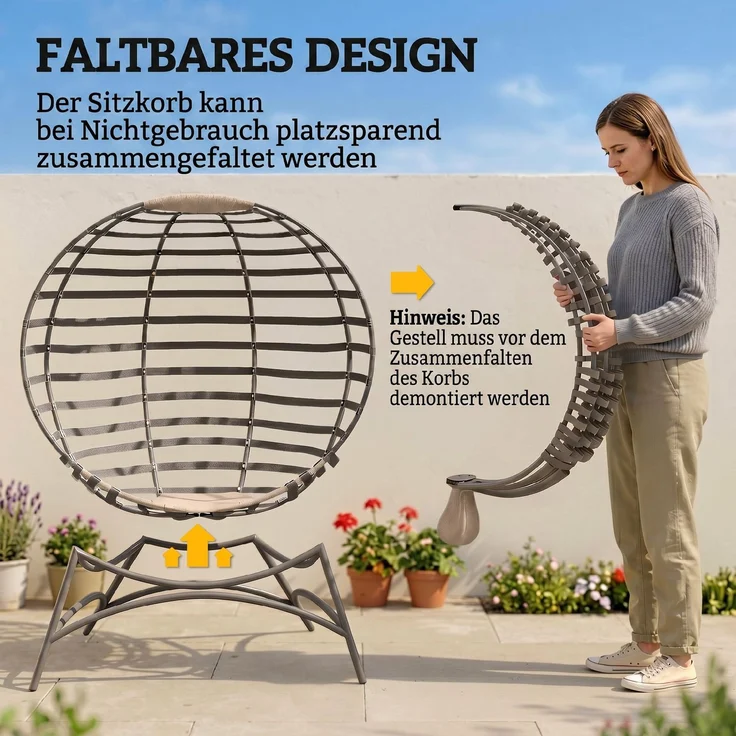 Papasansessel Gartenstuhl Korb-Stuhl mit Kissen oval Loungesessel Korb faltbar 118 x 77 x 139 cm--Sand--139x77x118cm--YOUDENOVA – Bild 8