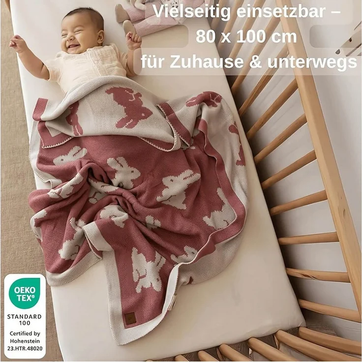 Babydecke Baby Strickdecke, Babydecke, Weich & Atmungsaktiv, 80x100cm Rosa Hasen, Little Dedi – Bild 3